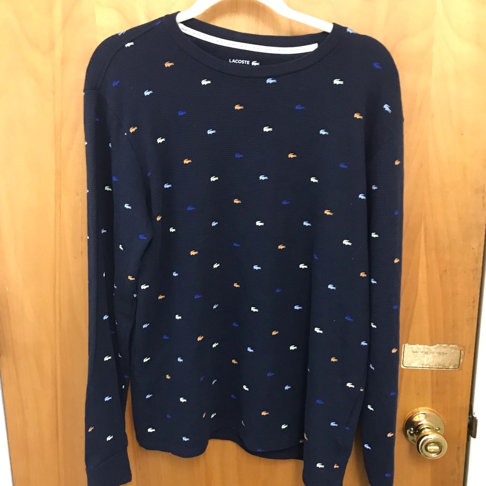 Lacoste Navy Waffle Knit Allover Multicolored Alligator Logo Pattern shirt Sz M